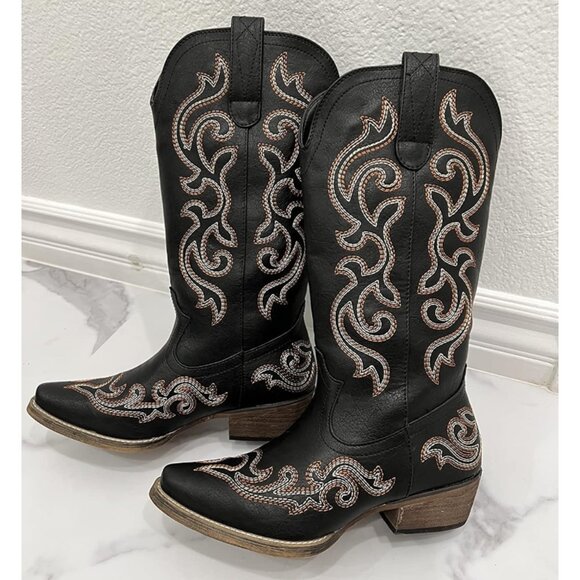 🆕Women Black Synthetic Leathers Cowgirl Chunky Heel Snip Toe Mid-Calf Boots - Picture 1 of 10